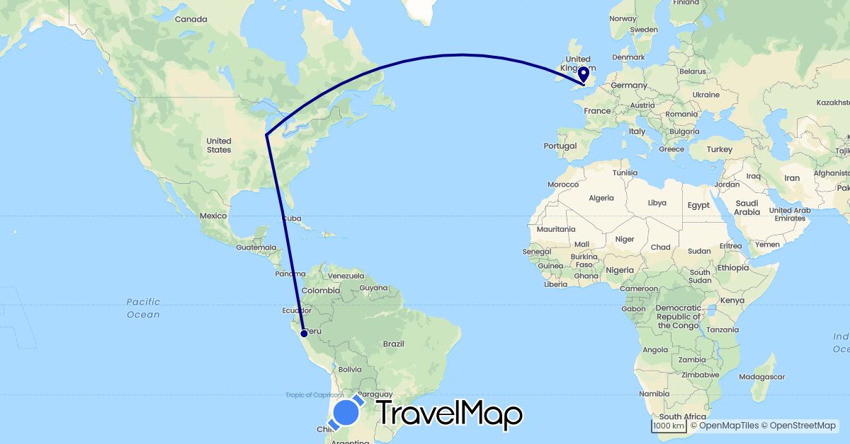 TravelMap itinerary: driving in United Kingdom, Peru, United States (Europe, North America, South America)